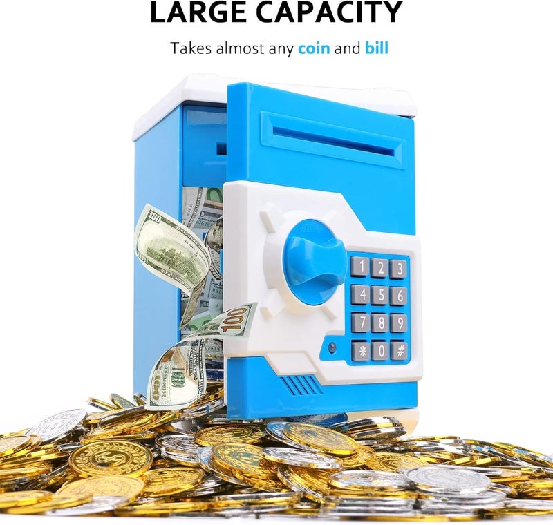 The Toys Home ATM Piggy Bank for Kids, Electronic Money Saving Box with 4-Digit Password Lock, Auto Grab Bill and Coin Slot, Blue and White Safe Box, Great Gift Toy for Boys and Girls (White-Blue) - Image 5